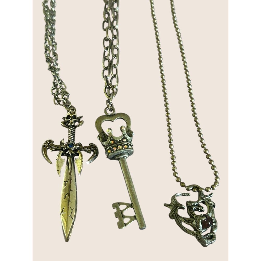 🐲VTG REN FAIRE DRAGON SWORD CROWN KEY GOTHIC FANTASY PEWTER NECKLACE BUNDLE LOT